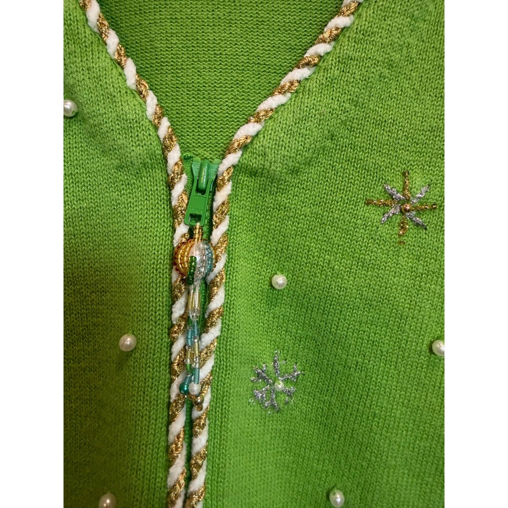 Berek Womens Green Snowman Embellished Zip Up Holiday Christmas Sweater Medium - Picture 5 of 8